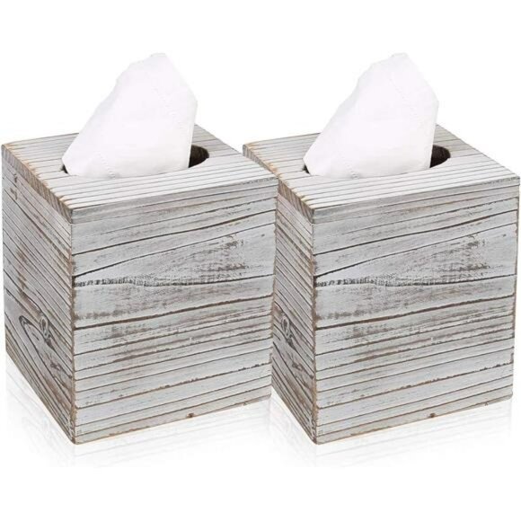 Wood square tissue box cover set of 2 decorative holder for bathroom bedroom off - Picture 1 of 8